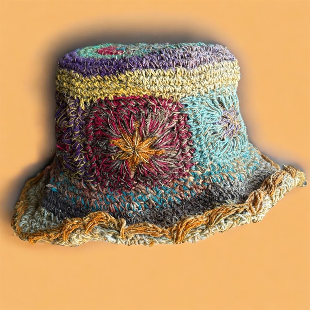 Colorful Hand Made Crochet Colorful Straw Bucket Hat - Picture 3 of 7